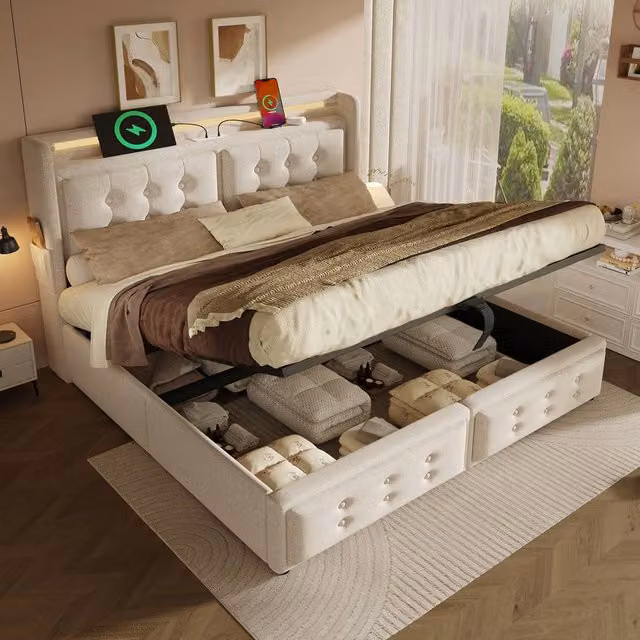 BTM Double Hydraulic Storage Bed with LED Underbed Lighting and USB Charging Port, Beige Fabric, W/D/H: 140 x 200 x 135 cm