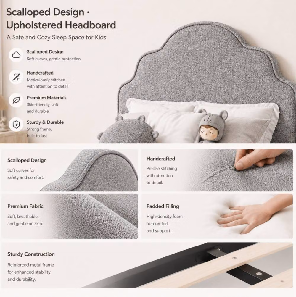 STILVORA Children's Upholstered Bed Frame with Lift Up Base in Grey, W/D/H: 90 x 190 cm – 3