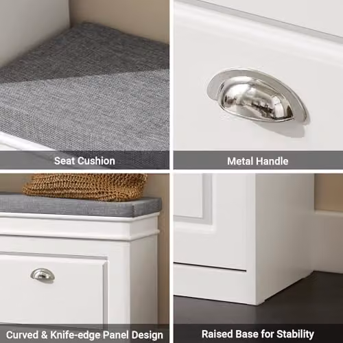 SoBuy Shoe Storage Bench with Seat Cushion in White, featuring a 2-Tier Rack and Flip Drawer for Hallway Storage, W/D/H: 60 x 24 x 51 cm – 4