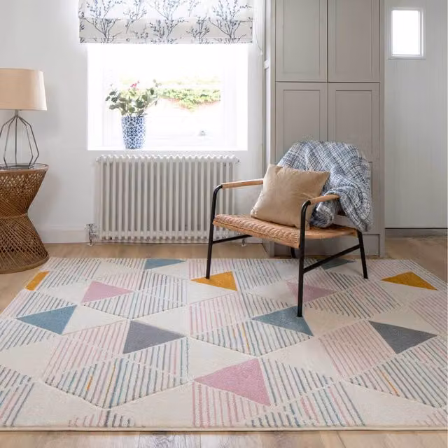 The Rug House Multicolour Pink Cream Pastel Diamond Geometric Carved Modern Rectangular Rug W: 280 cm, D: 190 cm