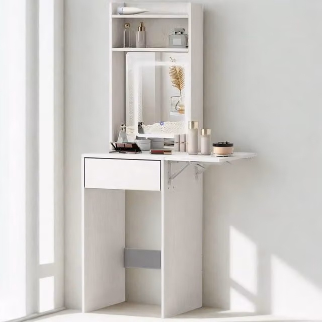 Pirlo Plush White Drop Leaf Dressing Table with 1 Drawer, Mirror and LED Lights, W/D/H: 152 x 45 x 45 cm