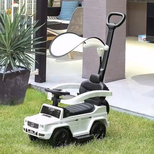 HOMCOM 3 in 1 Mercedes Licensed Kids Ride on Push Car with Canopy, White, W/D/H: 85.5 x 40.5 x 40.5 cm – 2