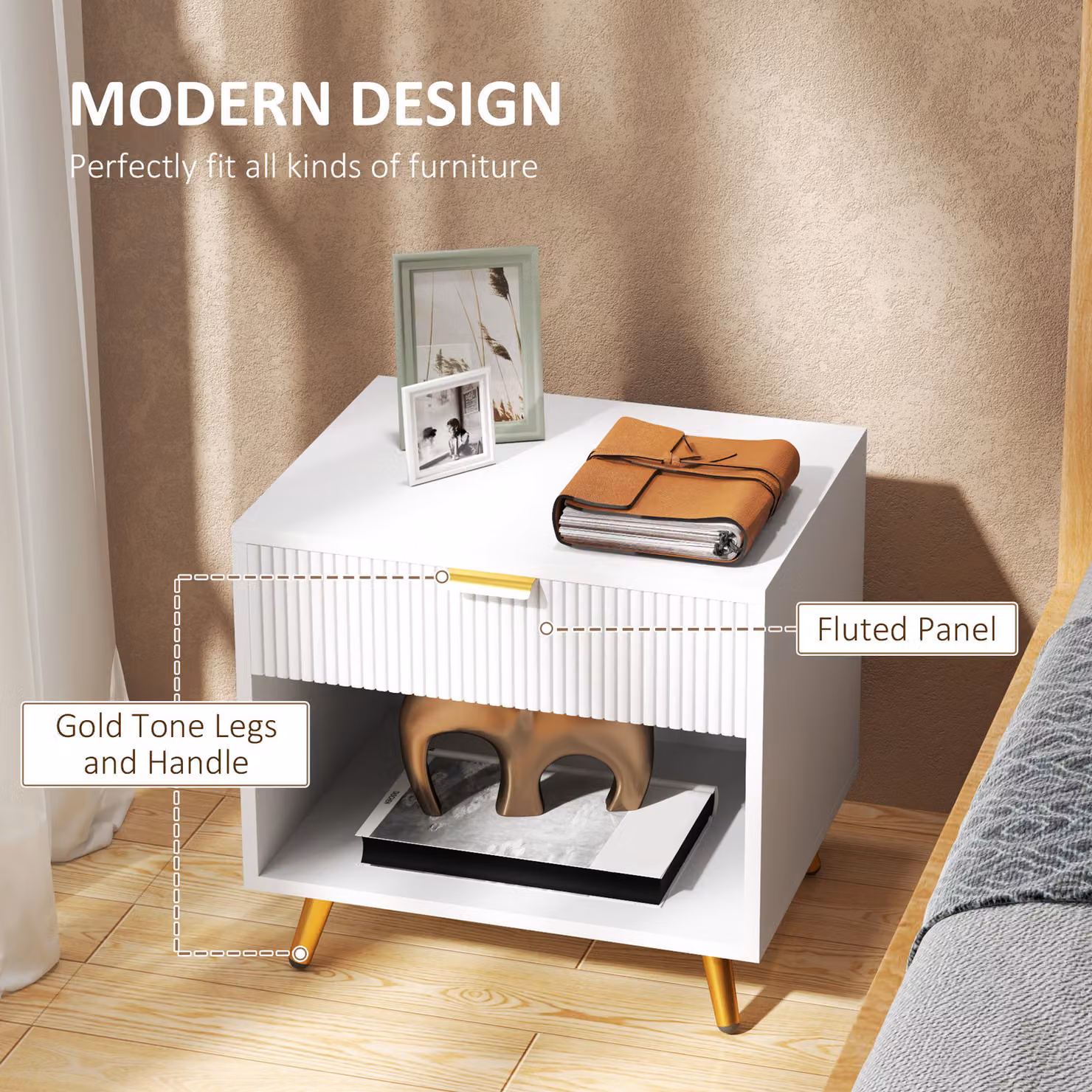HOMCOM Set of 2 White Modern Bedside Tables with Drawer and Open Compartment – 3