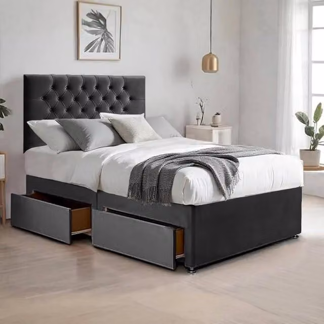 Bed Time UK Plush Velvet Double Bed with Mattress, 2 Drawers and 20 inch Chesterfield Headboard in Black, W/D/H: 140 x 200 cm