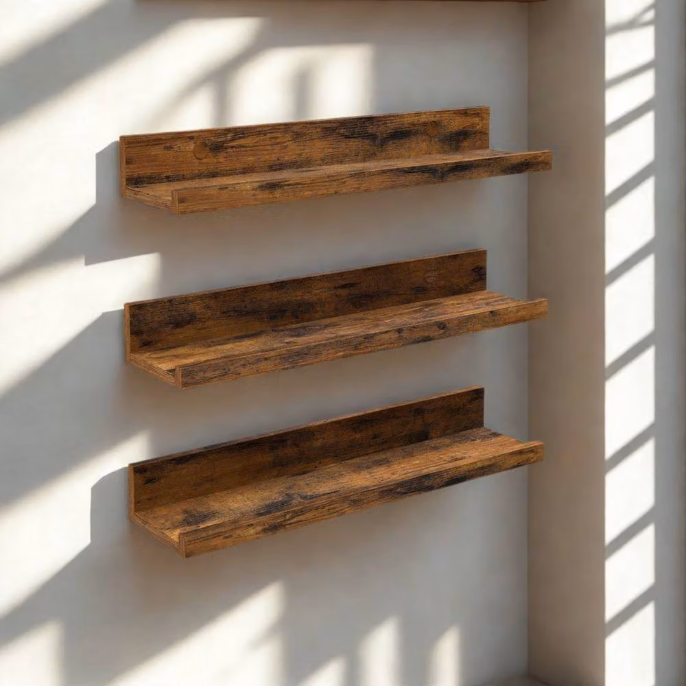 Pirlo Plush Set of 3 Industrial Rustic Brown Wall Mounted Shelves – 3