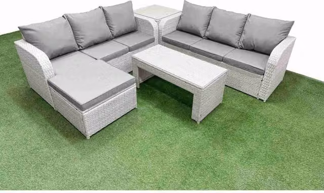 Fimous 7-Seater Outdoor Wicker Rattan Sofa Set in Light Grey with Dark Grey Fabric Cushions