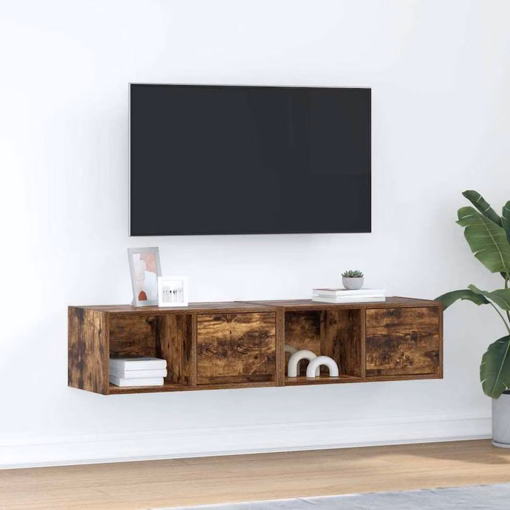Berkfield Home Set of 2 Smoked Oak TV Cabinets in Brown, W/D/H: 60 x 31 x 25.5 cm – 2