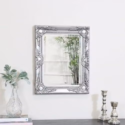 Melody Maison Ornate Silver Vintage Wall Mirror with Floral Glass Detail W: 52 cm, H: 42 cm