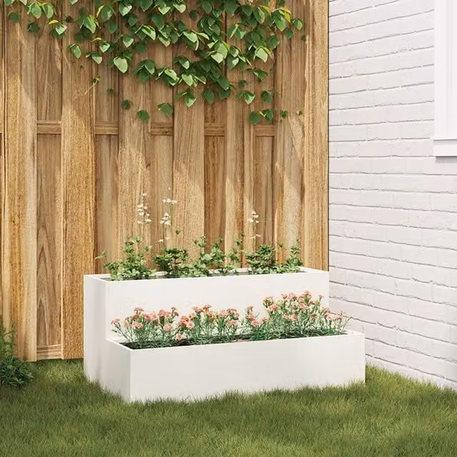 Berkfield Home 2-Tier Steel Garden Planter Tub in White, W: 100 cm, D: 60 cm, H: 45 cm – 1