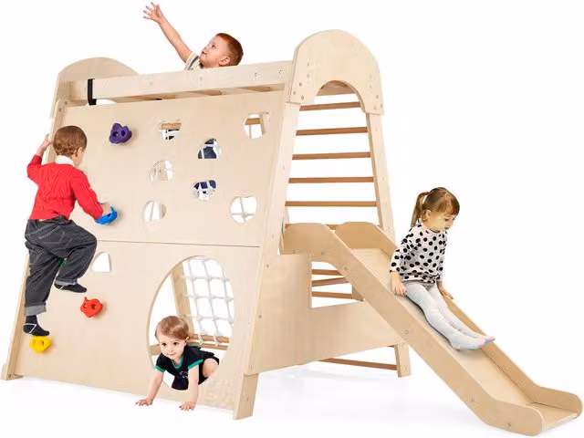 Costway 8-in-1 Indoor Jungle Gym Climbing Playset in Brown Wood