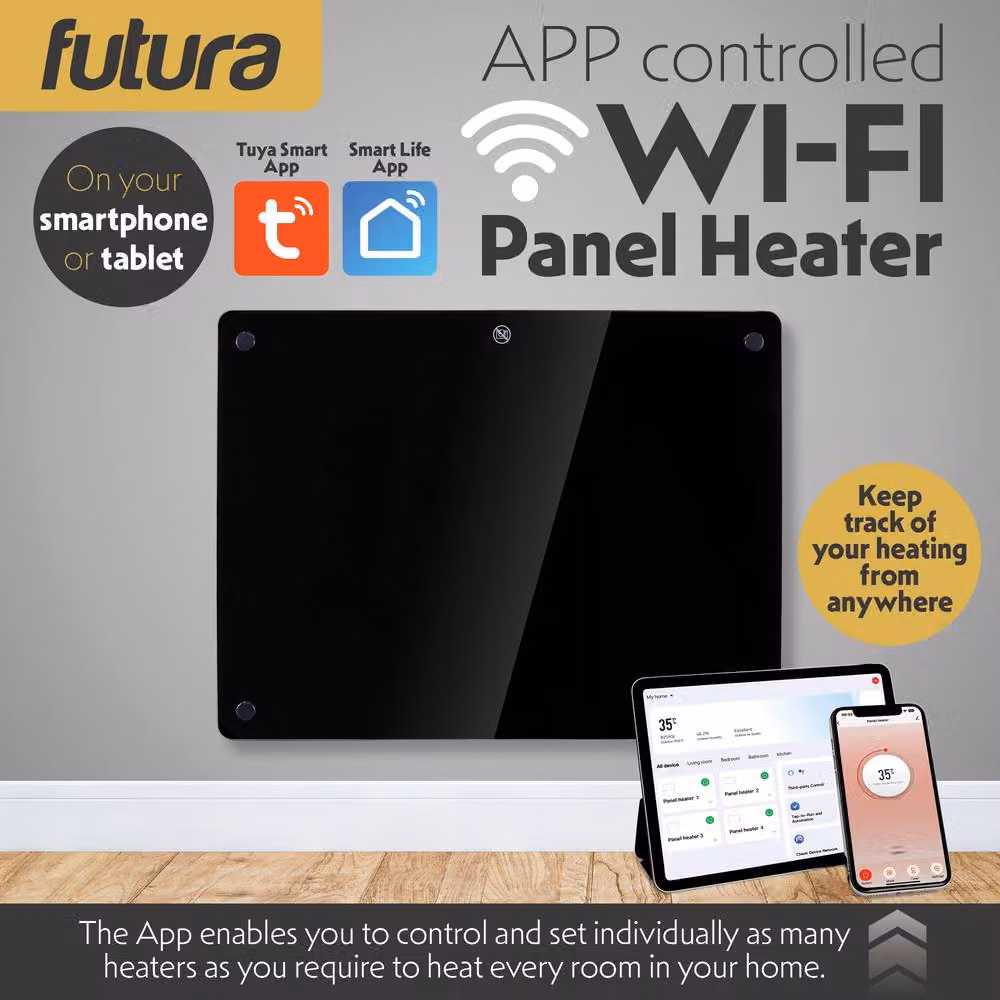 Futura 1000W WiFi Glass Electric Panel Heater, Black, Wall Mounted or Freestanding – 2