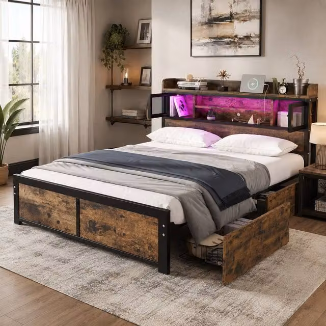 STILVORA Double Metal Bed with LED Lighting, Drawers and USB Charging Ports in Black, W/D/H: 140 x 200 cm – 1