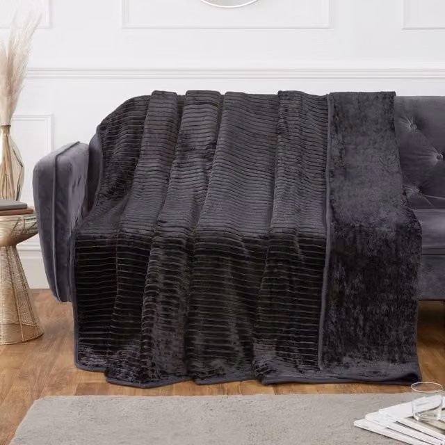 Rapport Black Ribbed Faux Fur Polyester Super Soft Cosy Throw