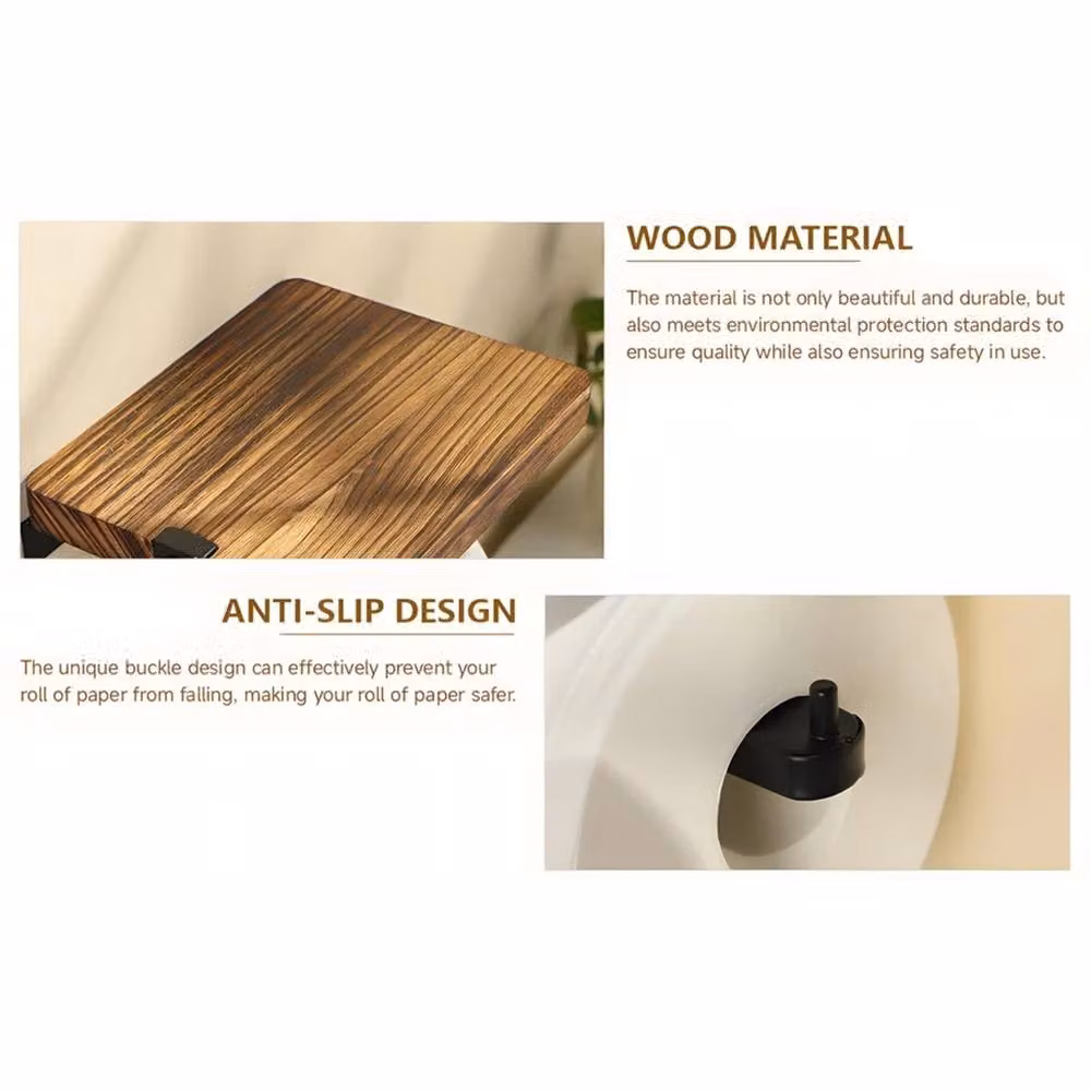 VOGREX Wall Mounted Wooden Toilet Roll Holder with Storage Shelves in Brown – 4