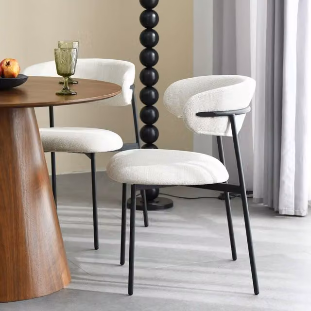 Shankar Pair of Minimalist Upholstered Dining Chairs in Beige Fabric with Black Metal Frame