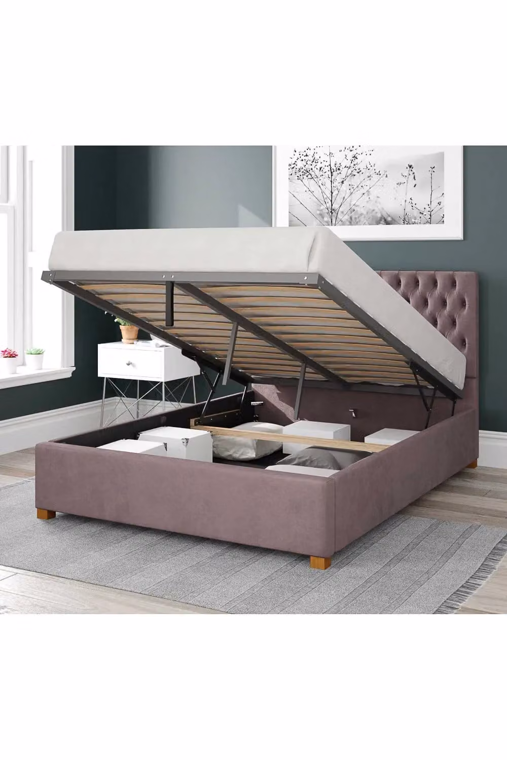 Aspire Nightingale Chesterfield Upholstered Ottoman Storage Bed in Pink Velvet, W/D/H: 147 x 140 x 35 cm – 2