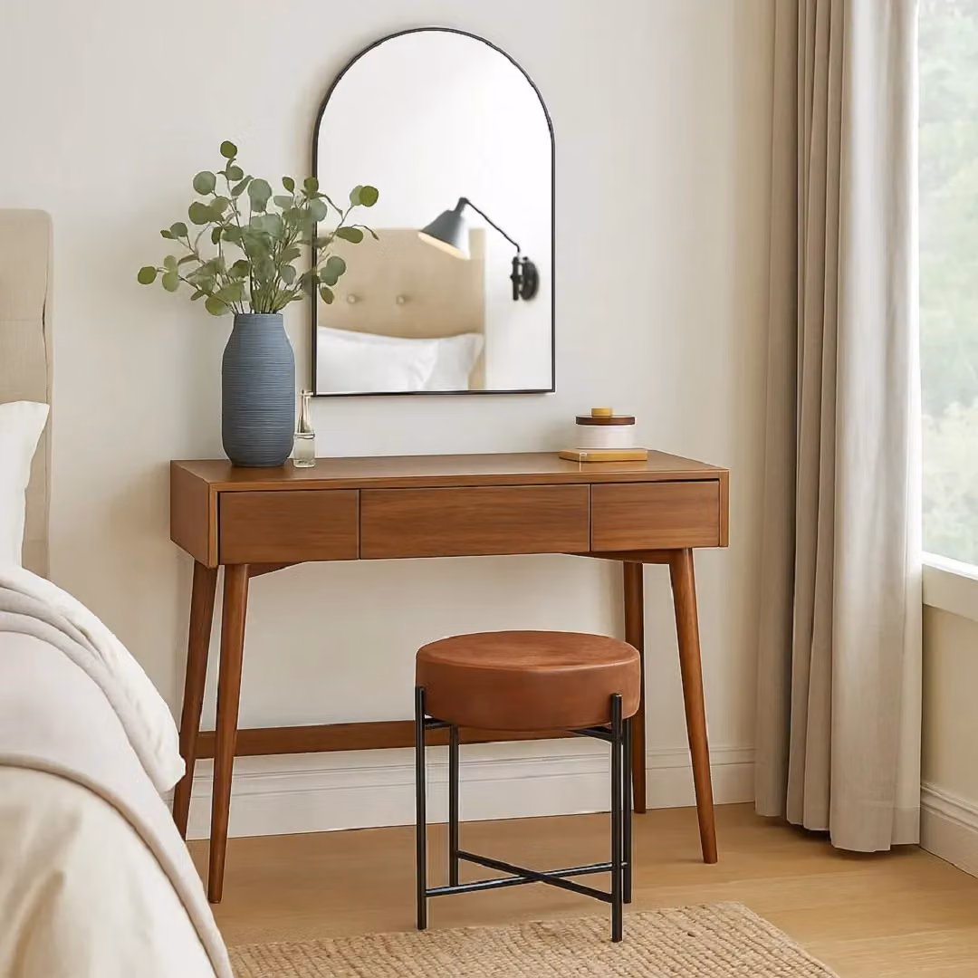 EONLION Brown Faux Leather Round Stool with Metal Legs – 2