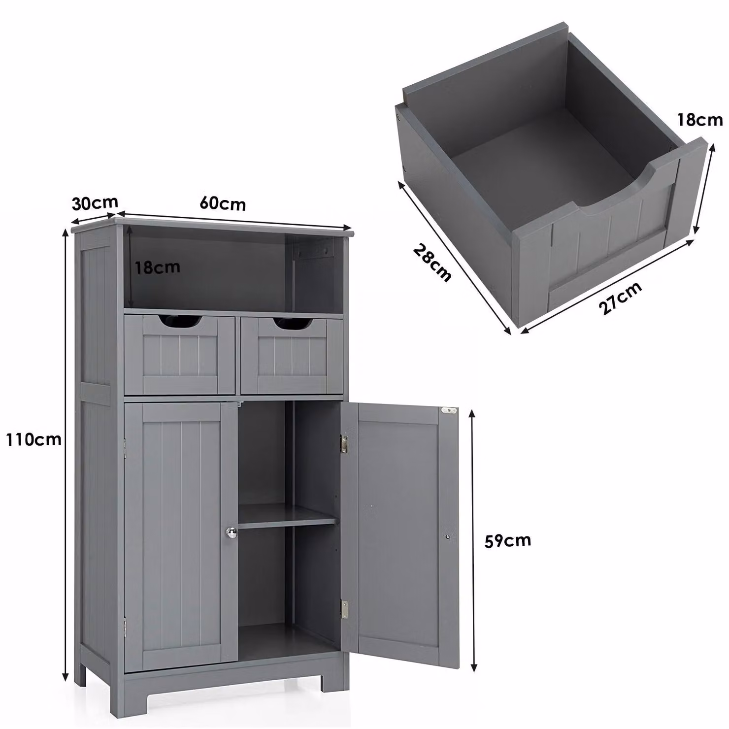 Costway Grey Wooden Bathroom Floor Cabinet with Adjustable Internal Shelves and Hinged Doors – 2