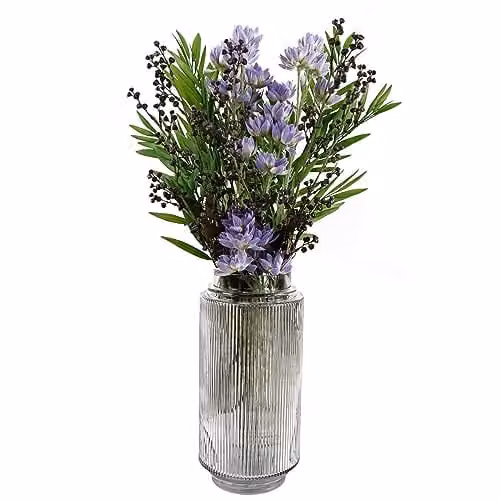 Leaf Design Purple Starflower Artificial Floral Display with Transparent Glass Vase, H 60 cm x W 30 cm x D 30 cm