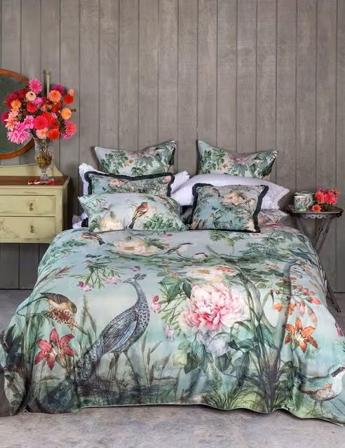 MM Linen Reversible Chinoiserie Floral Cotton Bedding Set, Green Mix, W: 140 cm, L: 200 cm