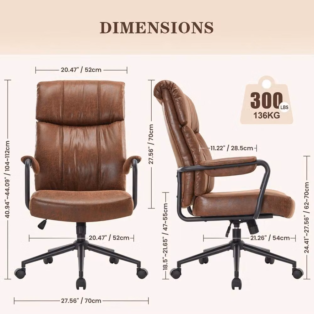 KORVIXA Mid Century Ergonomic Office Chair in Brown Synthetic Leather with Headrest and Armrests – 2