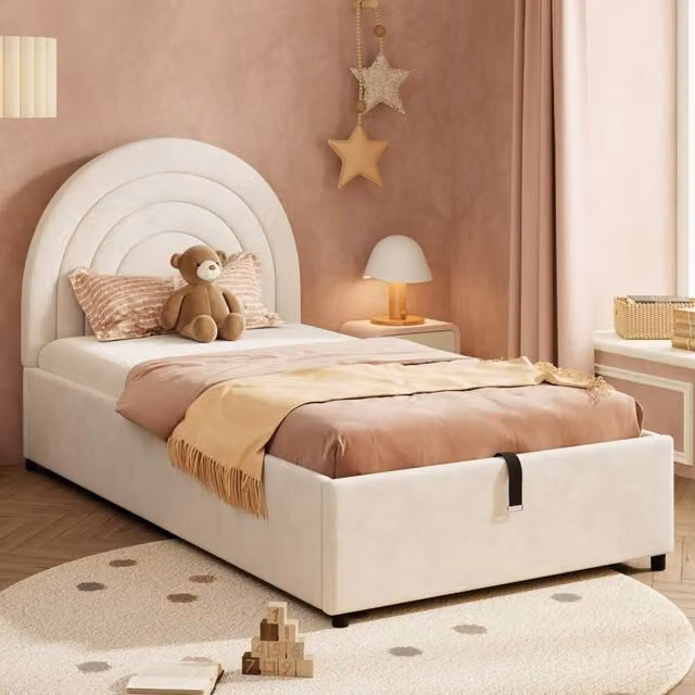 STILVORA Single Upholstered Velvet Bed with Hydraulic Lift-Up Storage in Beige, W/D/H: 90 x 190 x 100 cm – 1