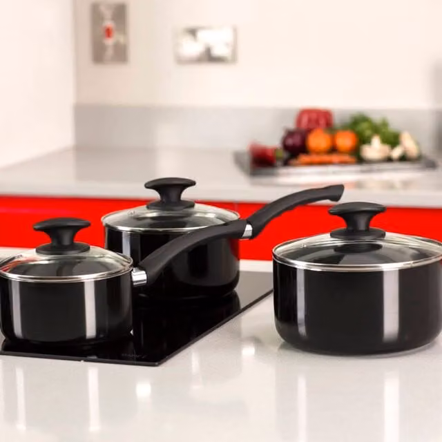 Tower Essentials 3 Piece Non-Stick Aluminium Pan Set with Glass Lids, Black