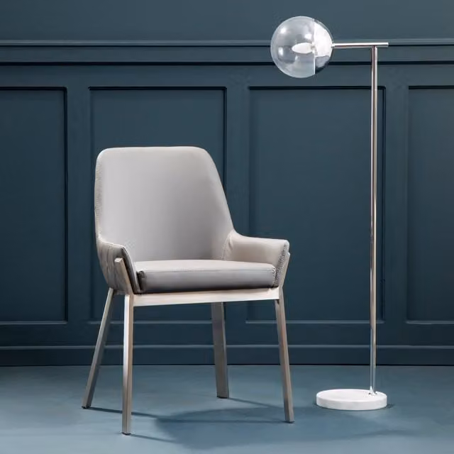 Orsina Grey Synthetic Leather Dining Chair with Armrests and Silver Metal Legs – 1