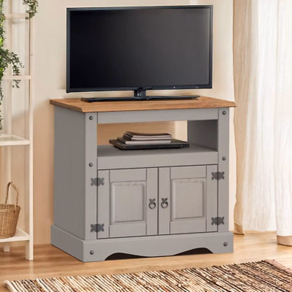 NESTLUNE Grey Rustic Solid Pine Wood TV Unit with Metal Accents, W: 100 cm, D: 15 cm – 3