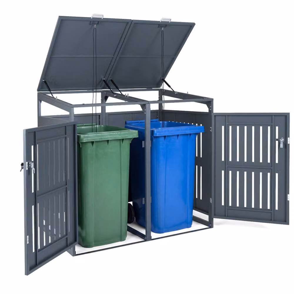 Costway Metal Outdoor Bin Store Storage Shed for 2 Bins in Grey, W/D/H: 132.0 x 80.0 x 115.5 cm – 3