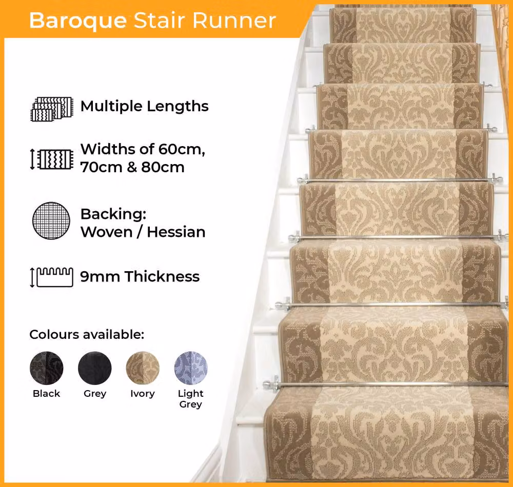 runrug Baroque Stair Runner Carpet in Black, W: 80 cm, L: 480 cm – 2