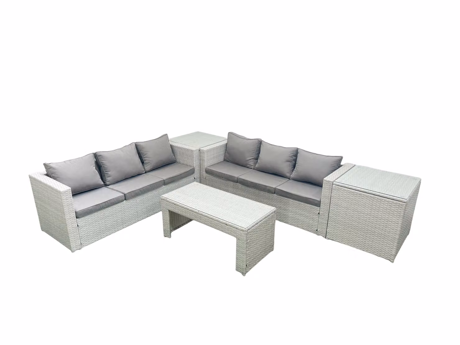 Fimous 6 Seater Rattan Garden Furniture Set in Light Grey with L-Shape Sofa, Oblong Coffee Table and 2 Side Tables – 2