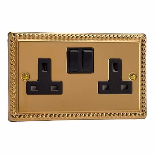 Varilight 2-Gang 13 Amp Flush Switched Socket in Georgian Brass and Black, W: 95 mm, H: 155 mm, D: 31 mm – 1