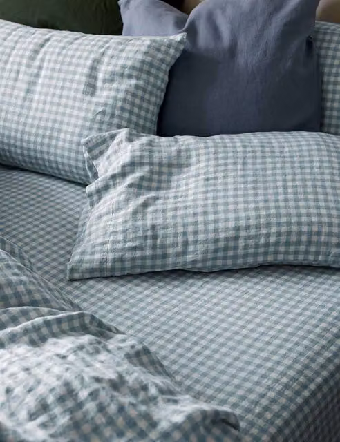 Piglet In Bed Linen Rich Gingham Checked Fitted Sheet, Light Blue Mix, W: 180 cm x L: 200 cm