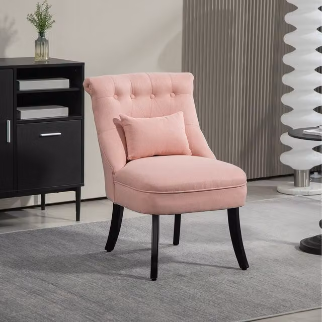HOMCOM Pink Fabric Accent Chair with Vintage Solid Wood Legs