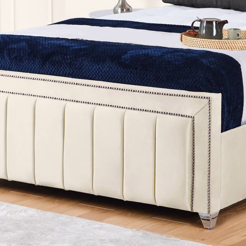 UK Bed Furniture Fiona Upholstered Slatted Base Bed in Cream with 48 Inch Headboard, W/D/H: 140 x 200 cm – 3