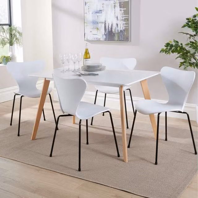 Home Source Fleur Dining Set with Rectangular Table and 4 Penny Chairs in White and Grey