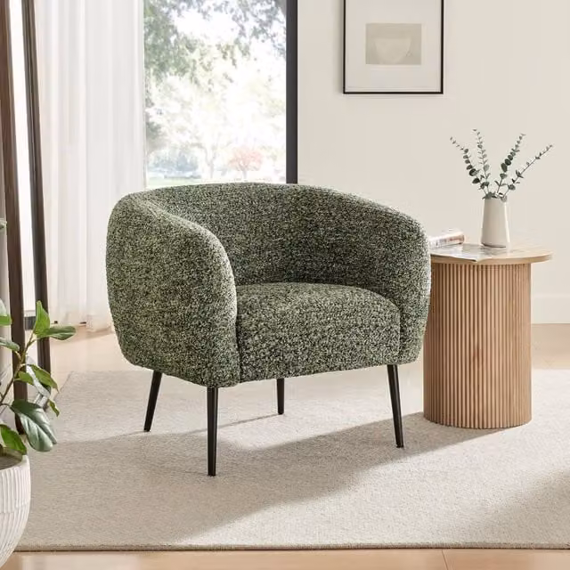 FurnitureboxUK Veda Green Bouclé Fabric Accent Tub Chair with Armrests and Solid Wood Frame