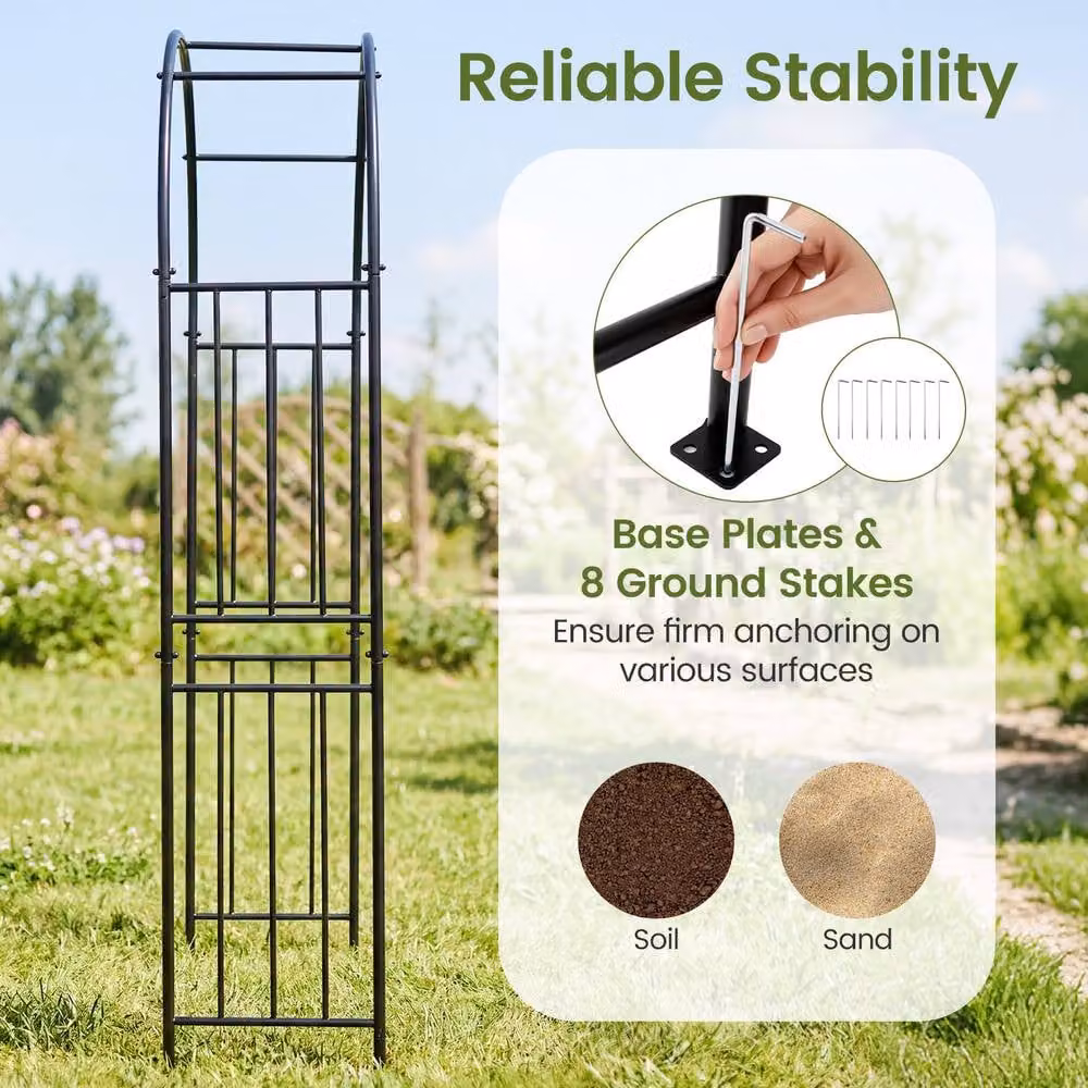 Costway Metal Garden Arbor and Wedding Arch in Black with 8 Ground Stakes – 4
