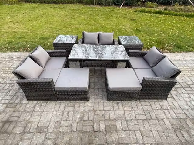 Fimous Dark Grey PE Rattan Garden Furniture Set with Oblong Dining Table, Double Sofa and 2 Footstools