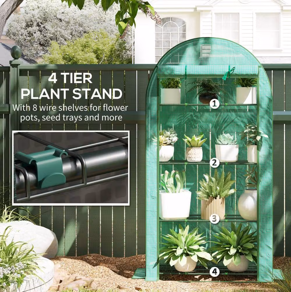 STILVORA 4 Tier Mini Greenhouse with Roll-Up Door in Green, H 160 x W 105 x D 45 cm – 4