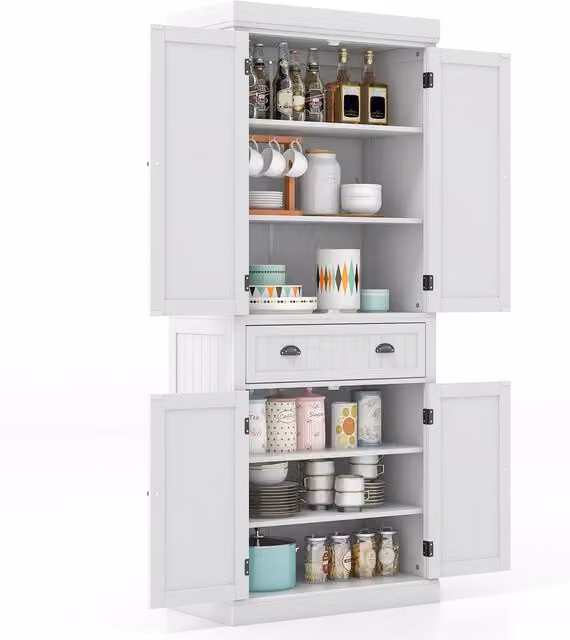 Costway White 4-Door Tall Kitchen Cupboard with Internal Shelves and Drawers