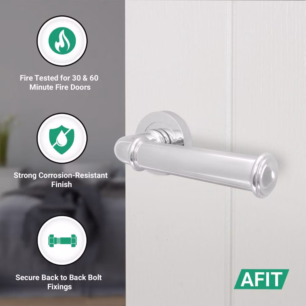 AFIT Polished Chrome Fire Door Handle Latch Set in Silver with Aluminium Hinge – 2