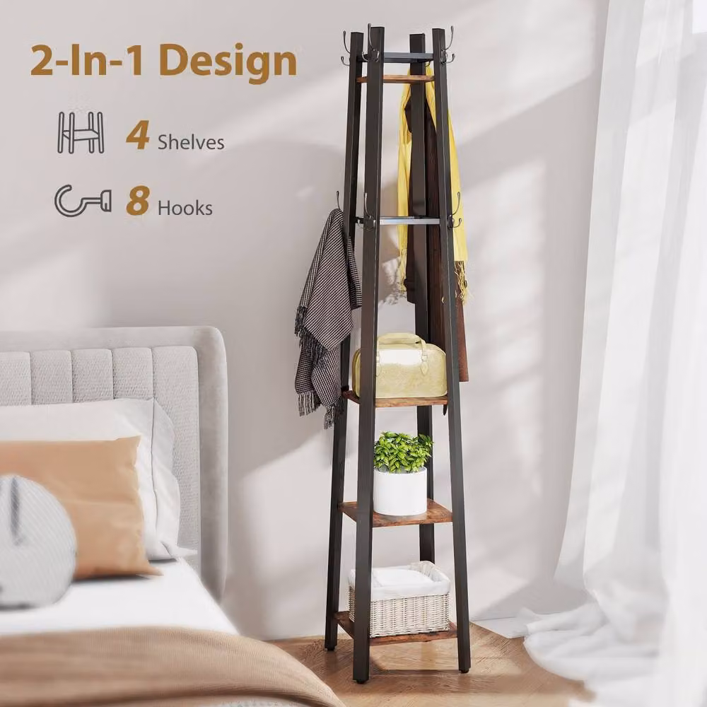 Wyld Haus Kareva 4 Tier Industrial Coat Stand with Shelves and Hooks, Rustic Brown and Black – 4