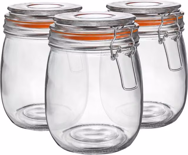 Argon Tableware Transparent Glass Storage Jar with Orange Clip Seal, 0.75 l, Pack of 3