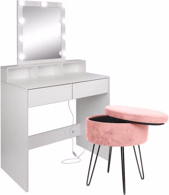 Harbour Housewares Modern Wooden Dressing Table Set with LED Lights and Stool in Pink and White