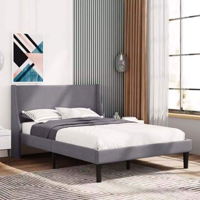 Frank Upholstered Bed Frame with Winged Headboard in Grey, Width: 142 cm