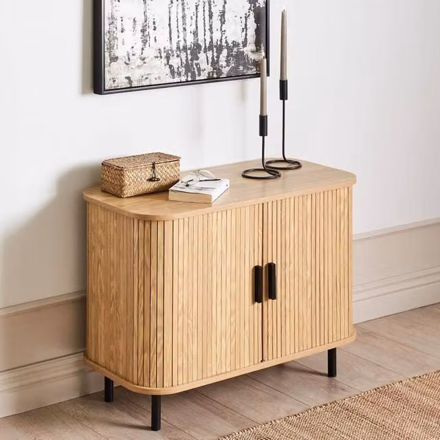 Wyld and Coco Retro Sideboard with Sliding Doors, Light Brown Finish and Black Legs, W/D/H: 120 x 40 x 80 cm – 1