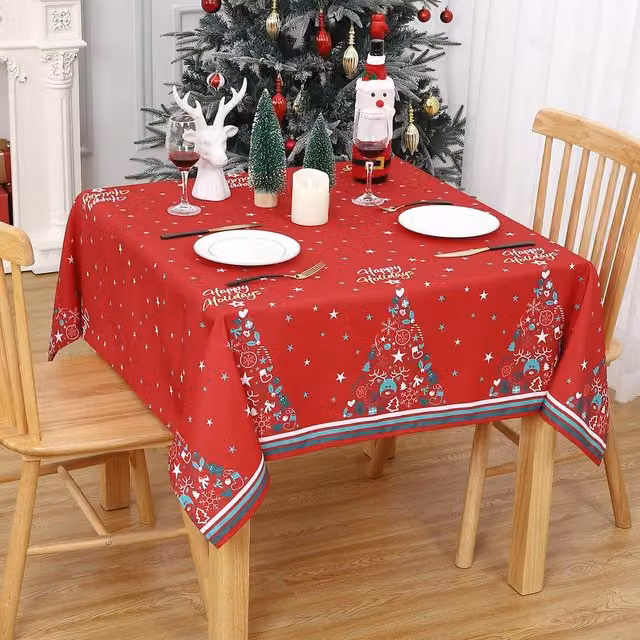 London Boutique Red Floral Christmas Square Tablecloth, Waterproof and Washable, W/D/H: 137.16 x 137.16 x 0 cm