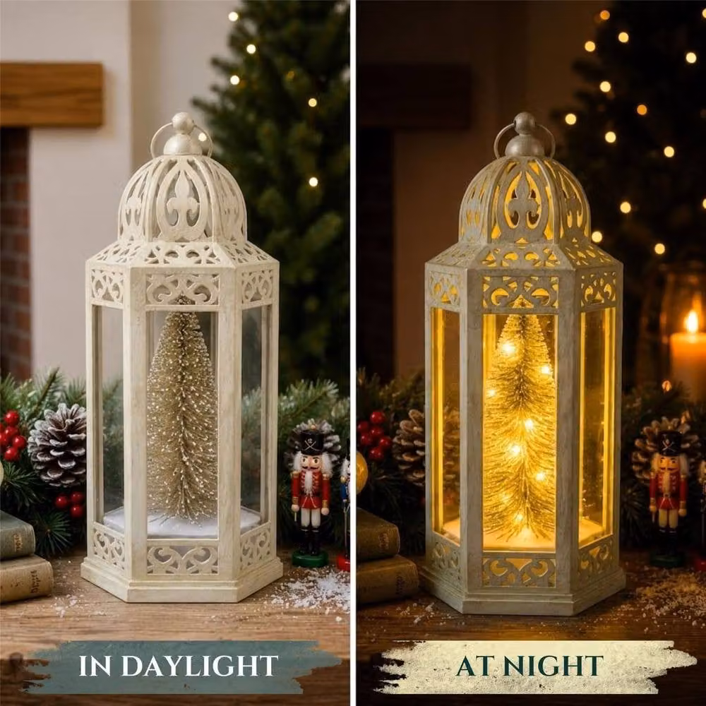 Shatchi Gold Battery Operated LED Christmas Lantern, Vintage Hexagonal Tabletop Design, Height: 30 cm – 3